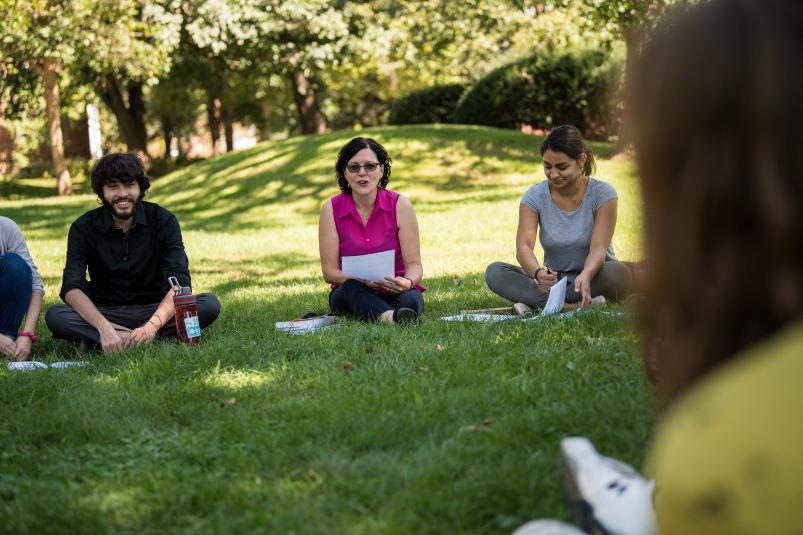 Sylvia Lopez takes her Spanish classes outside on nice days.