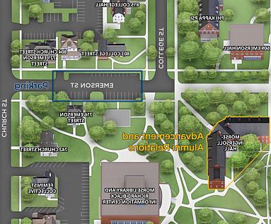 A section of the campus map, showing parking on Emerson Street and the Advancement-Alumni office in Morse-Ingersoll.