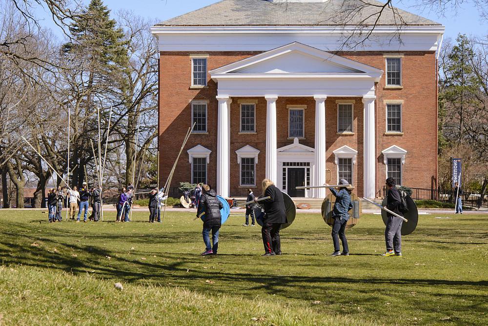 Students acting for Ancient Warfare class